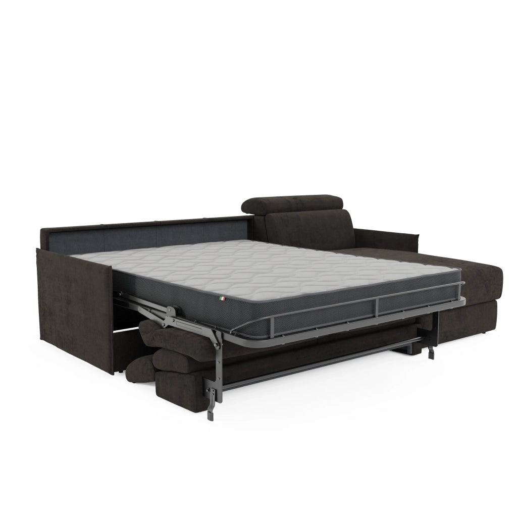 Miryam divano letto angolare compatto - poggiatesta reclinabili e penisola contenitore in tessuto smacchiabile T31 252 cm sinistro nero fumo