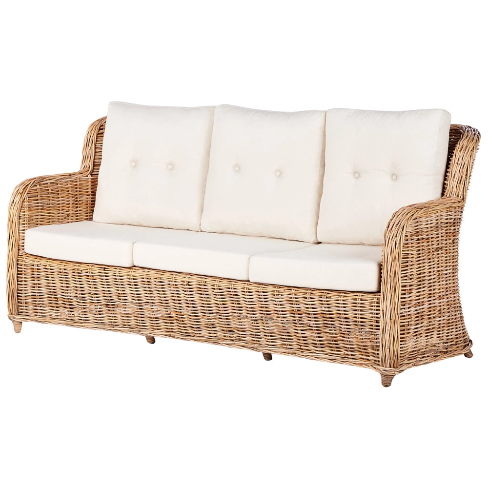 Set da giardino in rattan naturale divano a 3 posti 2 poltrone cuscini bianchi elegante chic esterno