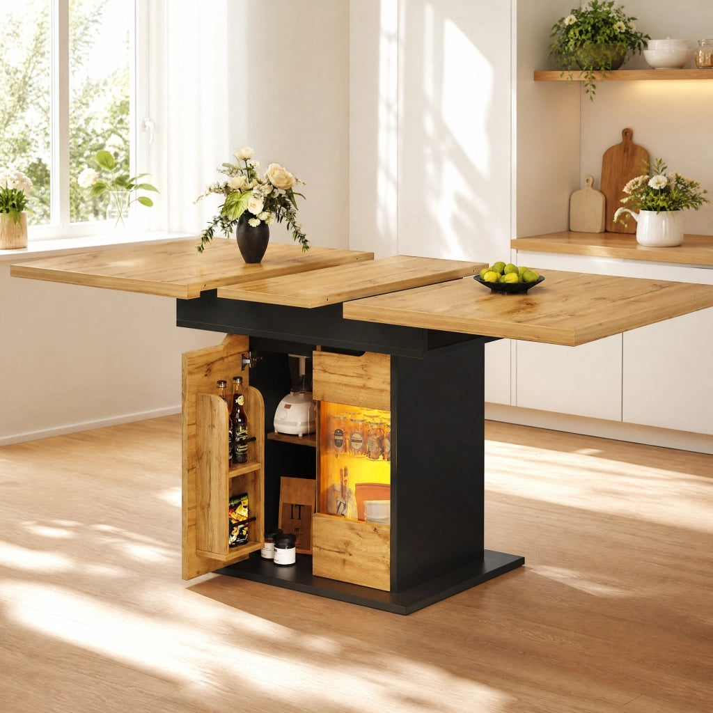 TAVOLO da pranzo allungabile 110-140x80 cm MDF Vetro Nero+Naturale