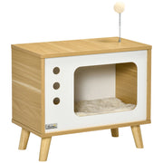 Cuccia per gatti a forma di televisore, con palla giocattolo e cuscino inclusi, cestino per gatti, rovere/beige/bianco, 50x28x43 cm