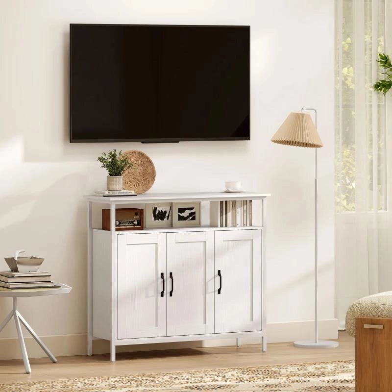 CREDENZA DA CUCINA CON RIPIANO APERTO E 2 ARMADIETTI, IN LEGNO E ACCIAIO, 100X35X88 CM, BIANCO