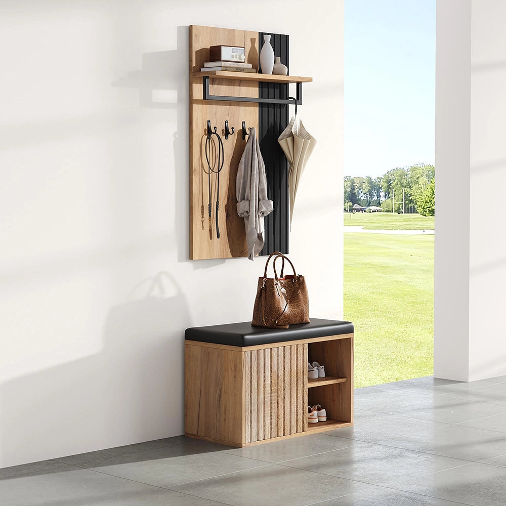 Panchina porta scarpe 2 ante - Xylo - con schienale 3 ganci, nero e naturale, L70xP36xH146 cm