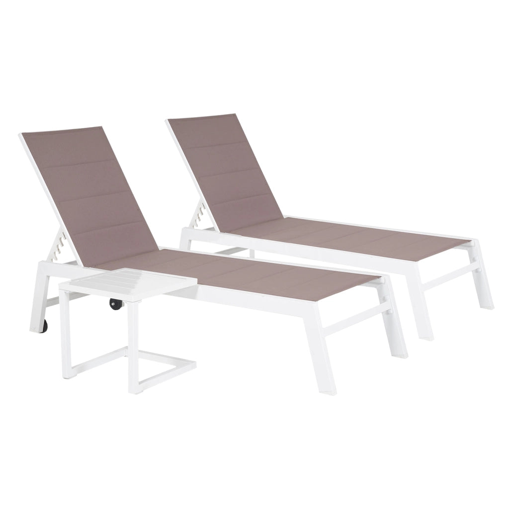 Set di 2 lettini BARBADOS eTavolino in textilene tortora - alluminio bianco