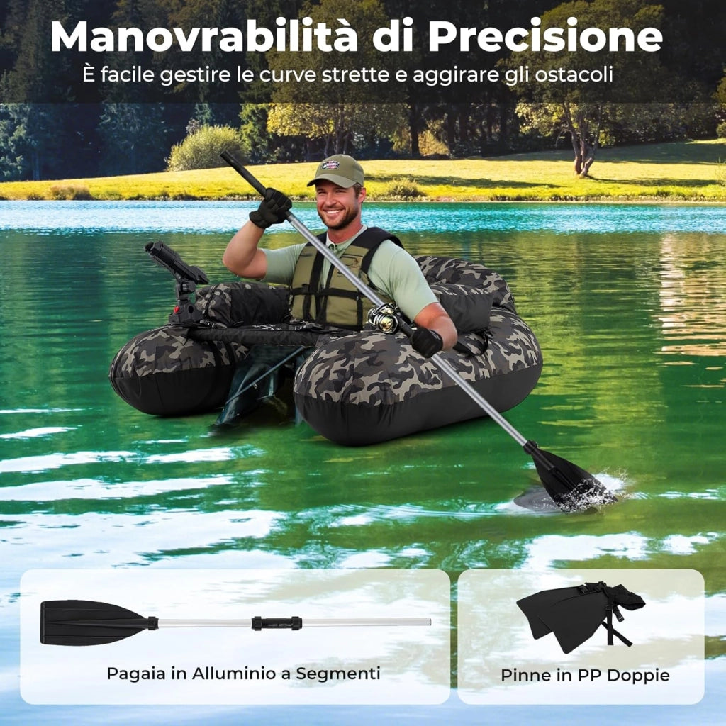 Barca Gonfiabile da Pesca, Belly Boat Portatile con Portacanna Regolabile, Supporto per Ami, Pagaia in Alluminio, Pinne, Pompa e Kit di Riparazione, Portata 150 kg