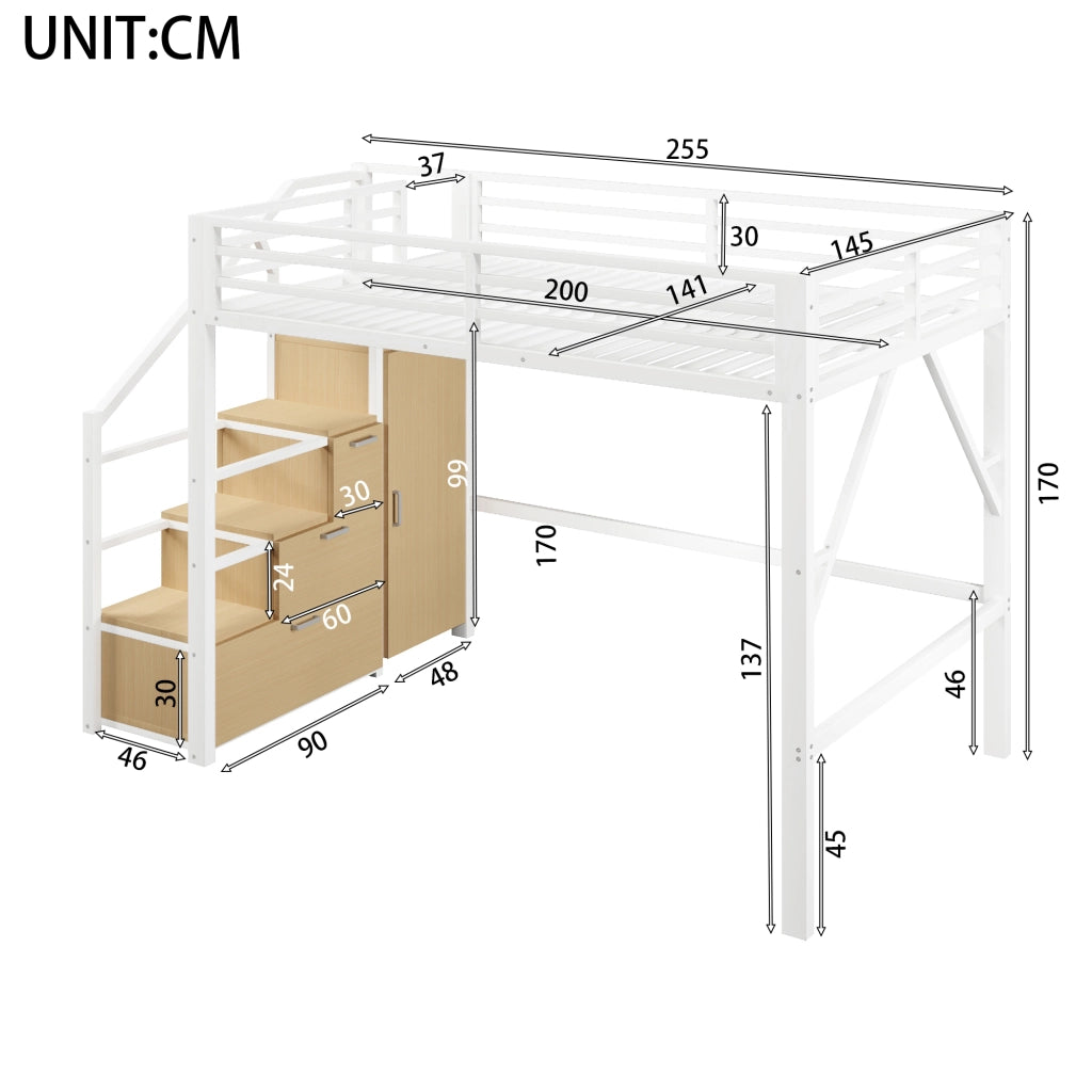 Letto a soppalco 140 × 200 cm con 3 vani contenitore, armadio, LED, senza materasso, bianco