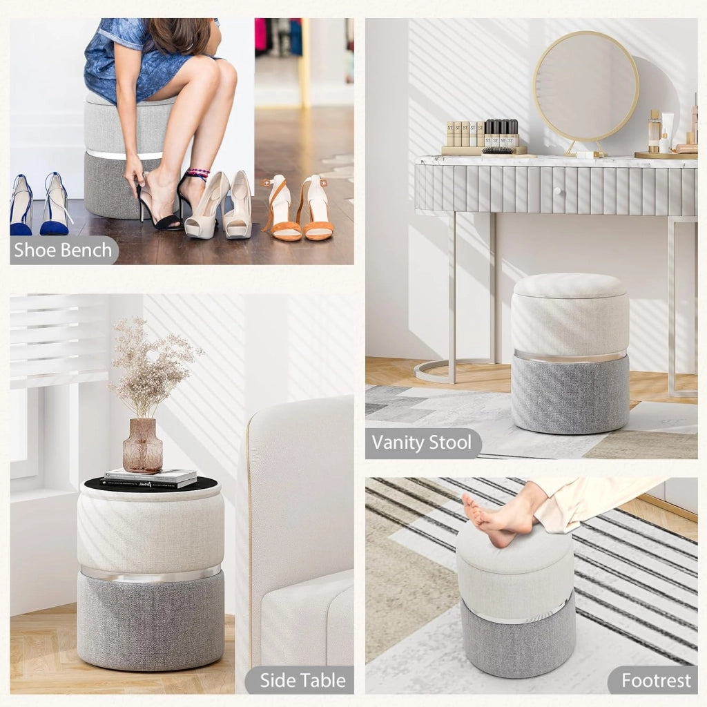 Set di 2 pouf a sacco rotondo bicolore, sgabello estraibile imbottito con ripostiglio, poggiapiedi, capacità 32 L e 21 L, tavolino compatto per soggiorno, camera da letto, ufficio