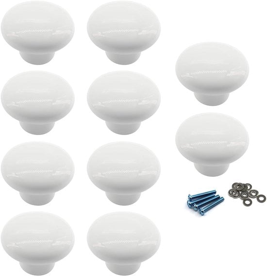 Decine di maniglie ceramica bianche a forma di cerchio per armadi e guardaroba per bambini, inclusi viti e riempimenti.