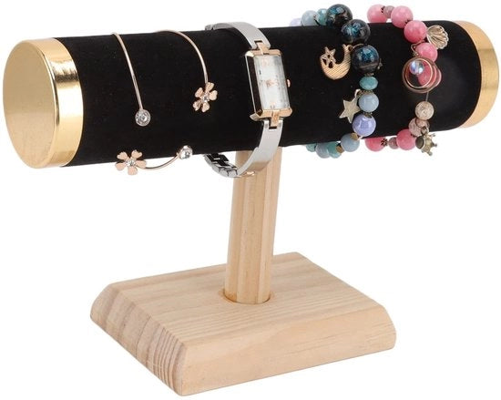 Organizzatore di gioielli a T - Supporto per bracciale - Raccoglitore di gioielli - Organizzatore di gioielli - Supporto in legno - Protezione in pelle di cuoio - Supporto per gioielli