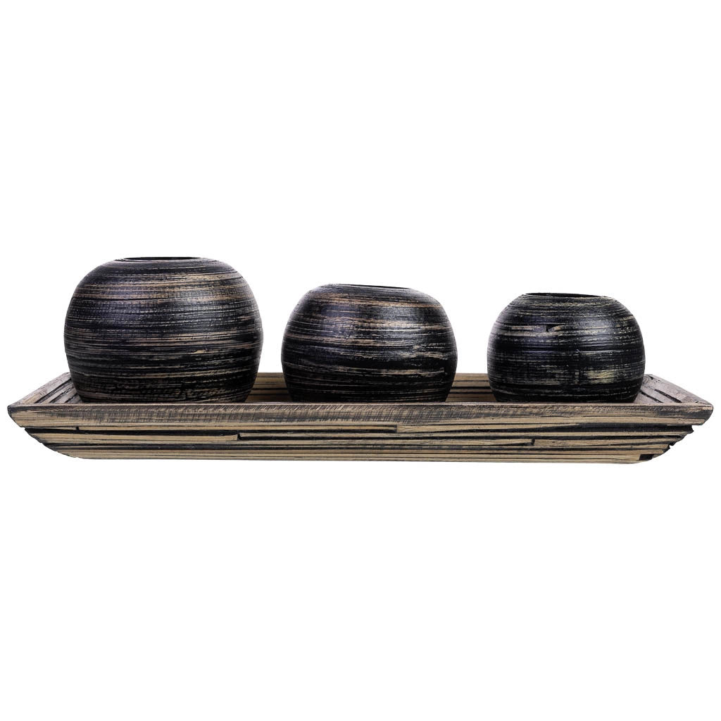 Set vassoio e 3 portacandele in legno di bamboo nero 33x13x3h cm