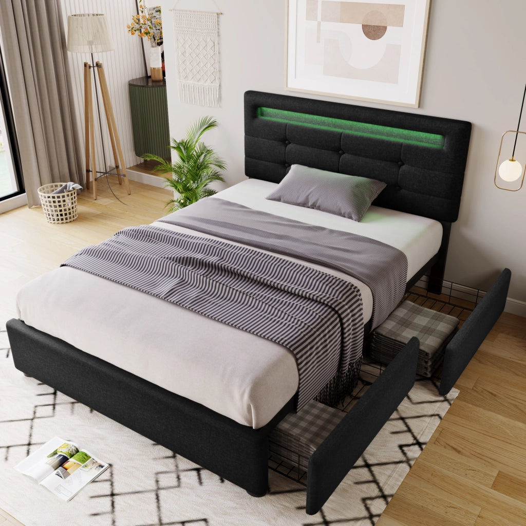 LETTO singolo 90x200 cm con LED, 2 cassetti, lino nero