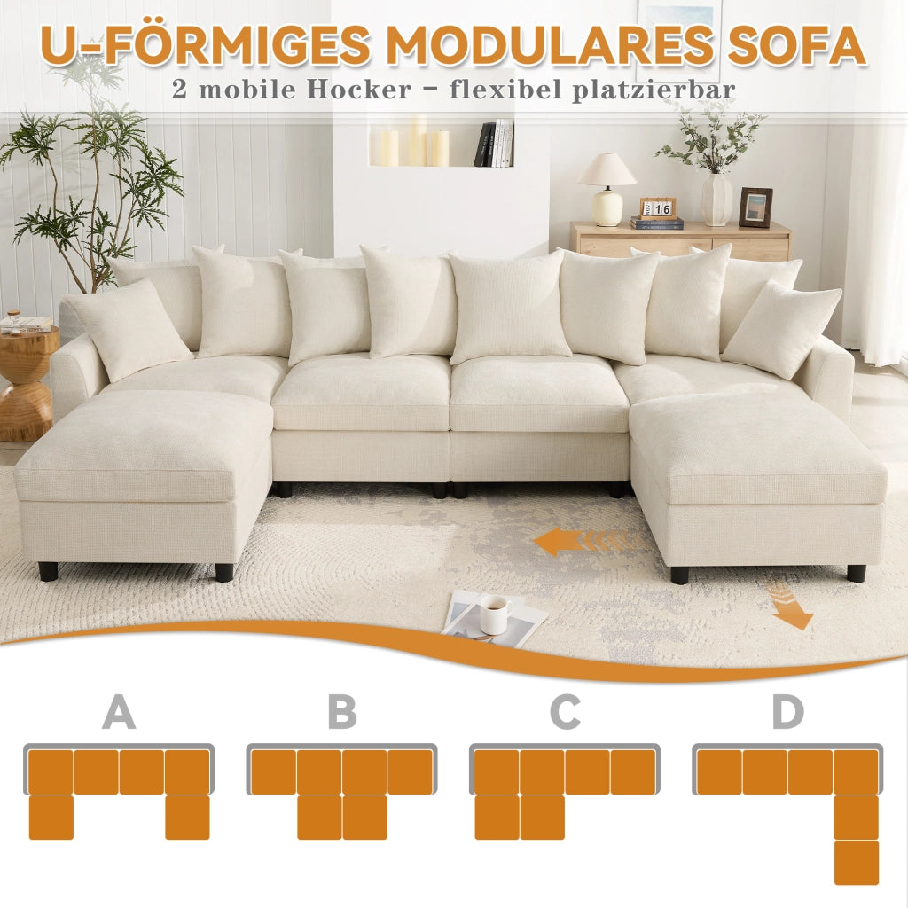Divano angolare modulare a U o L 6 posti con porte USB e Type-C 8 cuscini e 2 pouf in chenille beige