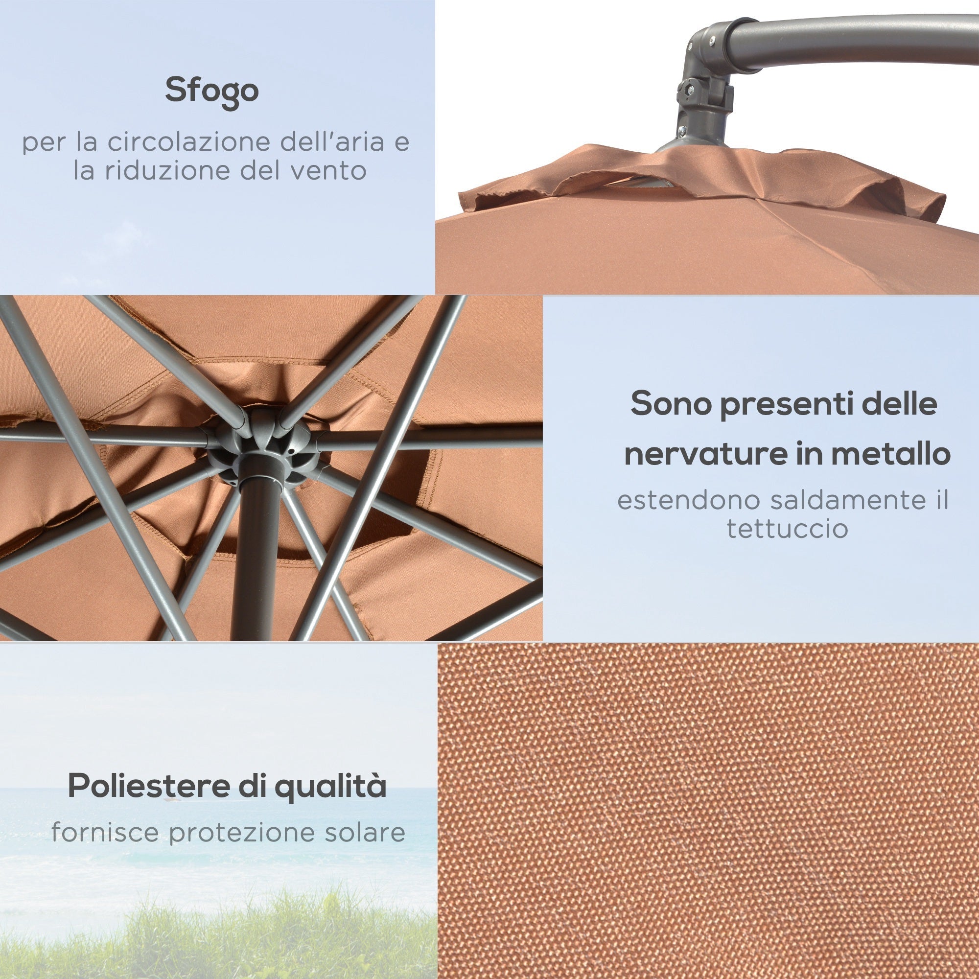 Ombrellone Decentrato Ø292x247 cm con Base a Croce Riempibile e Copertura Caffè