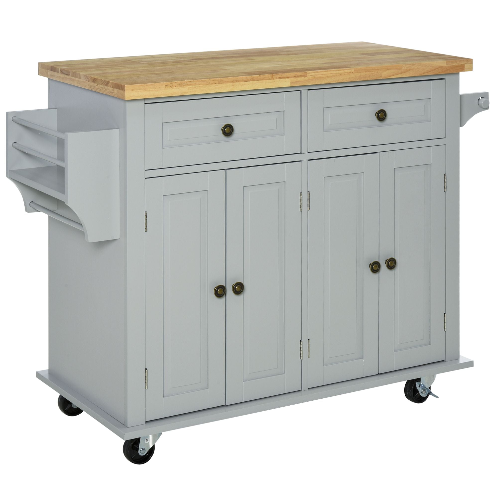 Carrello Isola da Cucina 2 Cassetti e 2 Armadietti Piano in Legno 111x44,5x82,5 cm Grigio