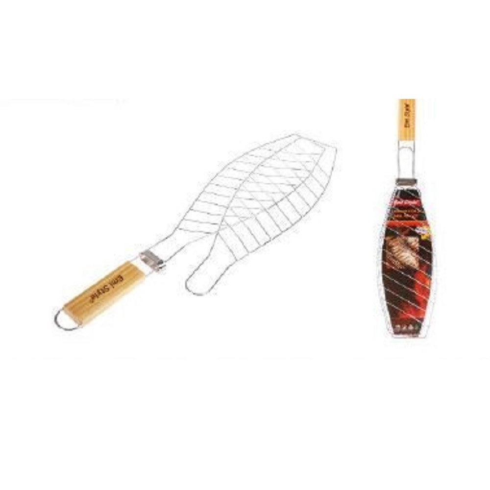 Trade Shop - Graticola Per Pesce Un Posto Griglia Da Barbecue Con Manico In Legno 6443223 -
