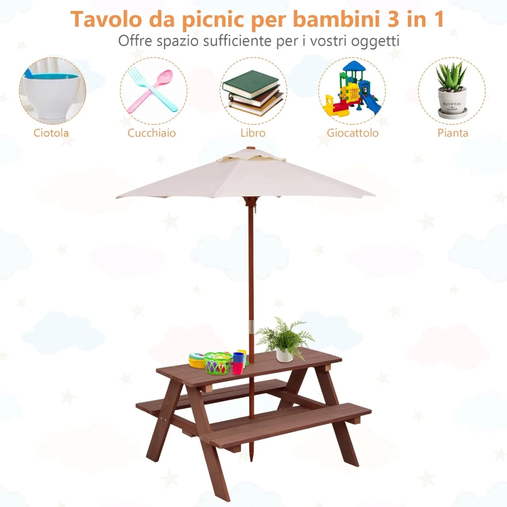 Tavolo da Picnic per Bambini con Parasole Pieghevole, Set di Tavolo e Panche per Giardino con Ombrellone Rimovibile, Panche in Legno, per Giardino, Cortile, Prato