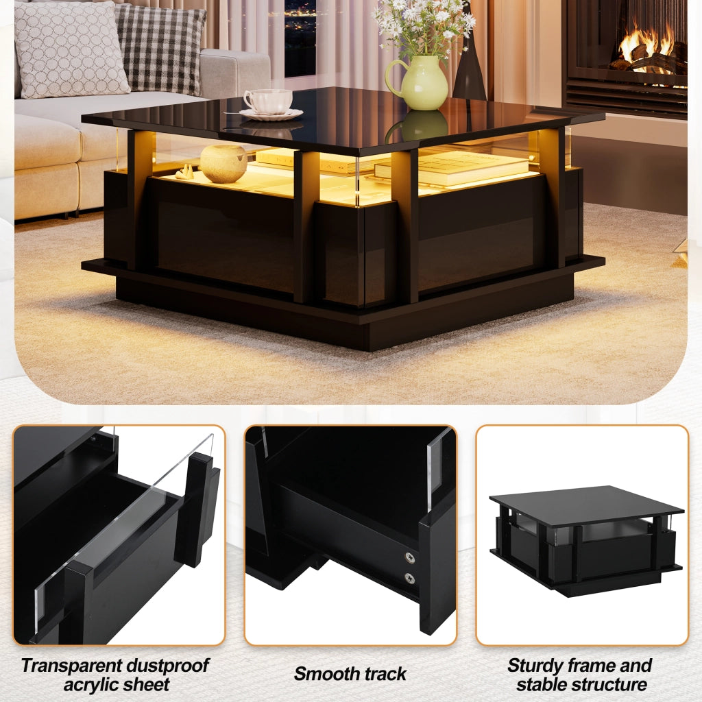 Tavolino da salotto nero lucido 70x70 cm con luci LED e 2 cassetti