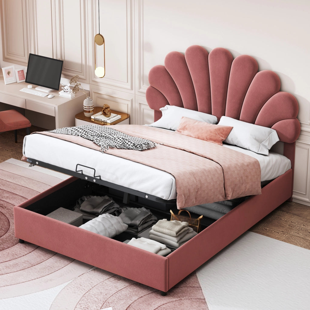 Letto matrimoniale 140x200 cm; contenitore idraulico; velluto rosa (Senza materasso)