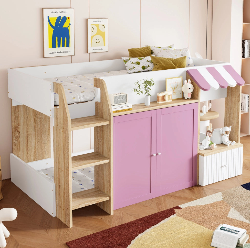 Letto a soppalco per bambini 90x200 cm a casetta con scala; rosa e bianco
