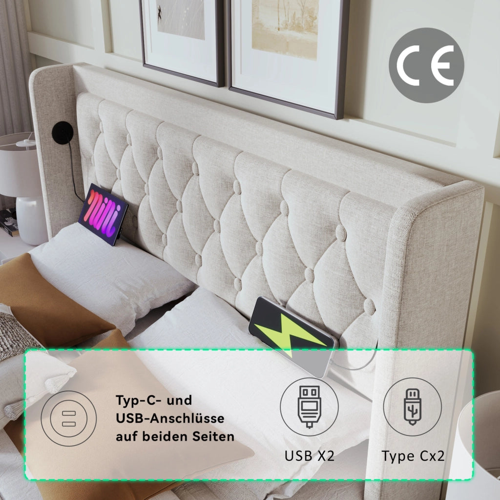 Letto contenitore 140x200 cm beige con materasso, LED e USB-C