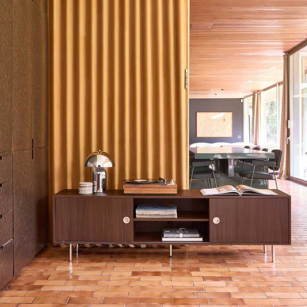 Mobile tv vintage in legno e acciaio inossidabile 2 ante, 180cm, noce