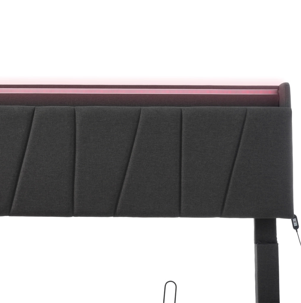 Letto matrimoniale imbottito 160x200 cm con contenitore; testiera con prese USB e LED RGBW; grigio