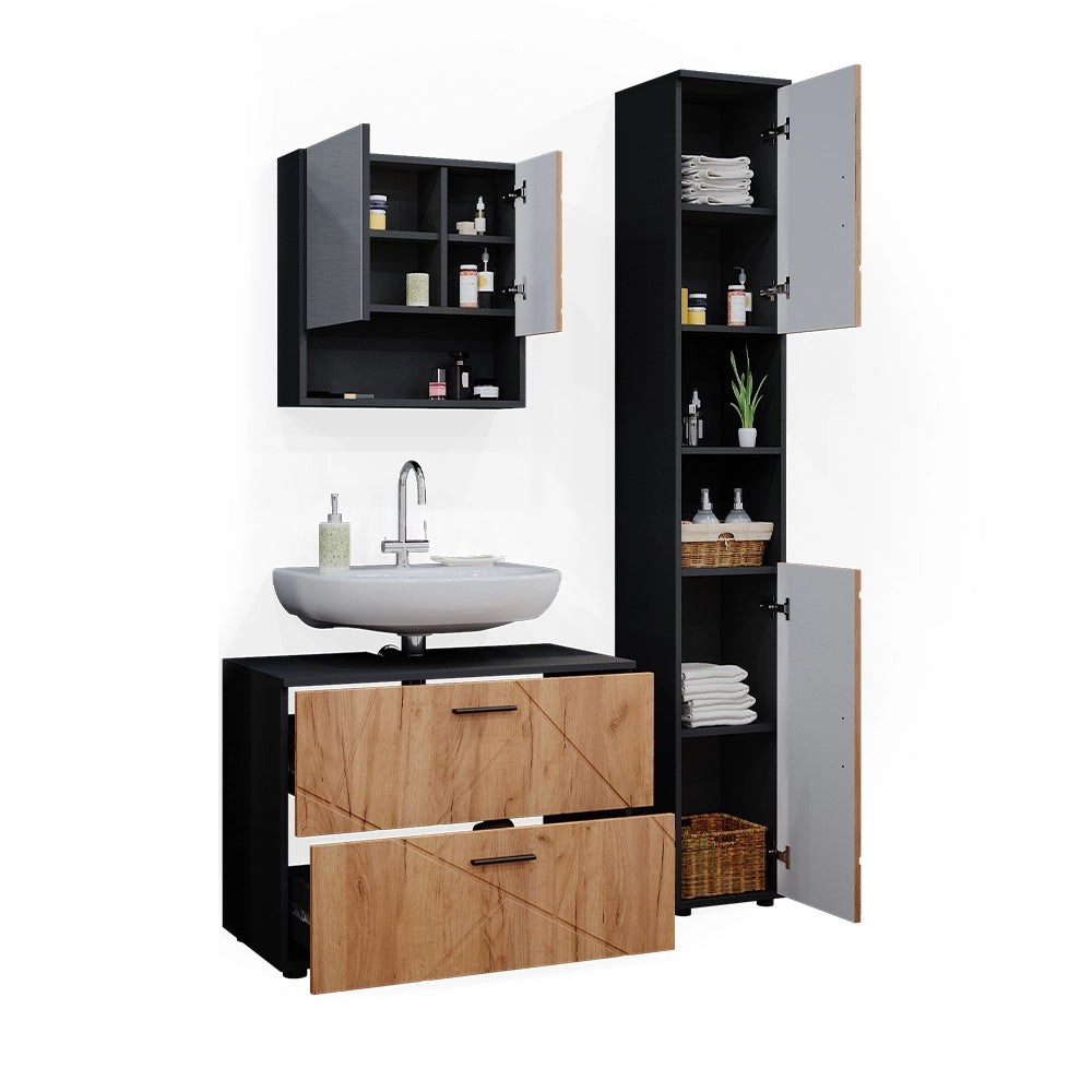 Vicco Set mobili bagno Quercia dorata/antracite 3 parti, con cassettiera e colonna