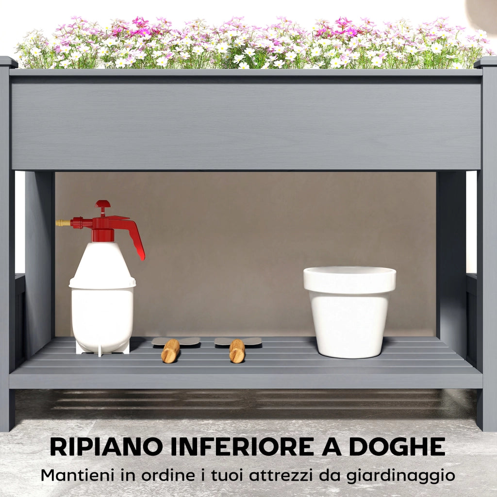 Fioriera Rialzata con 2 Vasi Laterali e Ripiano per Attrezzi, in Legno di Abete, 149x46x76 cm, Grigio