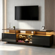 Mobile porta TV con LED e 2 ante, 8 vani contenitore e ripiani in vetro, per soggiorno, in MDF, nero, 160 × 40 × 45 cm