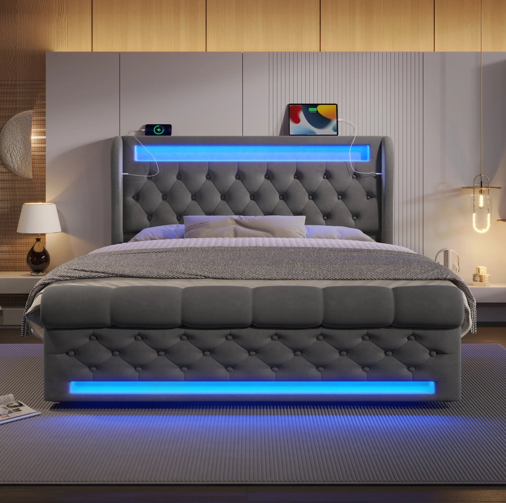 Letto matrimoniale imbottito 160x200 cm in velluto grigio con LED; USB; USB-C e materasso