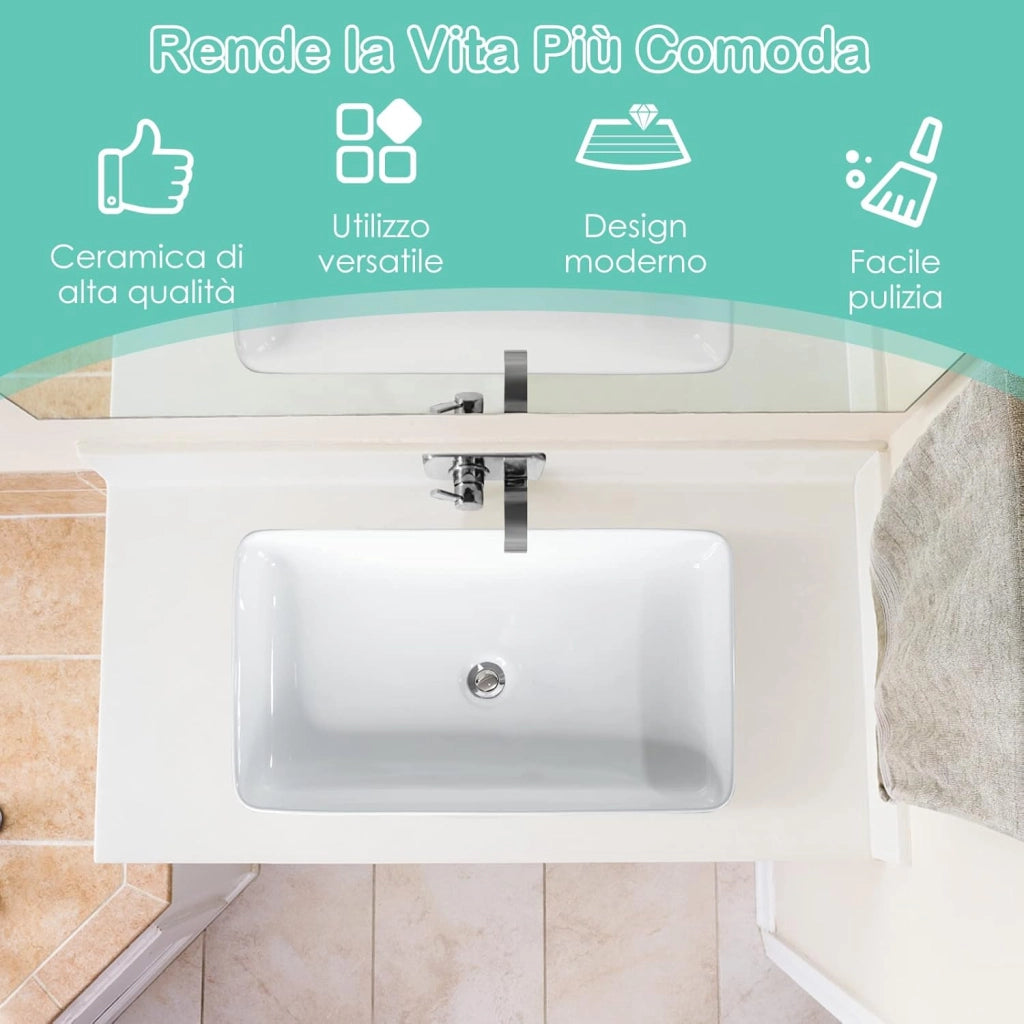 COSTWAY Lavandino Bagno in Ceramica, Lavabo da Appoggio Rettangolare 60 x 35 x 11 cm con Scarico a Scomparsa, Ideale per Cucina e Bagno