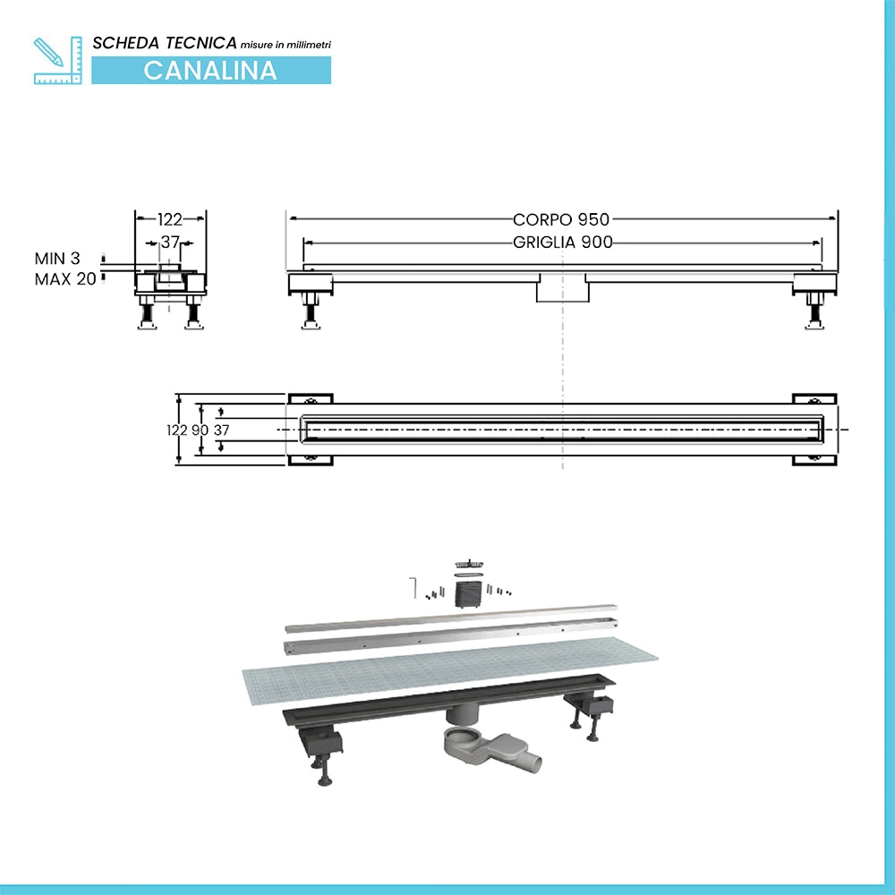 Canalina doccia 90 cm in alluminio reversibile scarico centrale, sifone e piletta inclusi