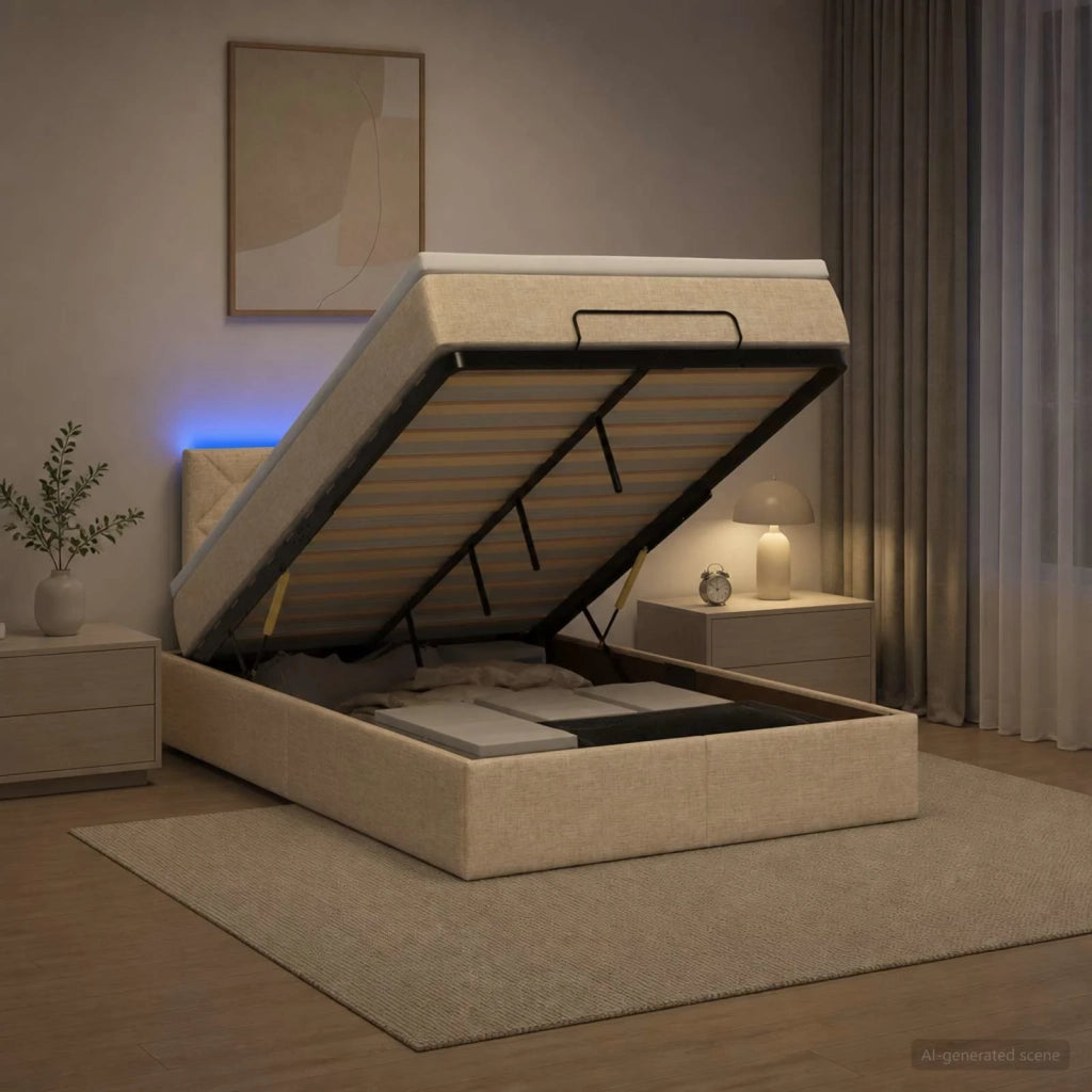 Letto Ottomano con Materasso e LED Crema 120 x 190 cm Tessuto 3456979