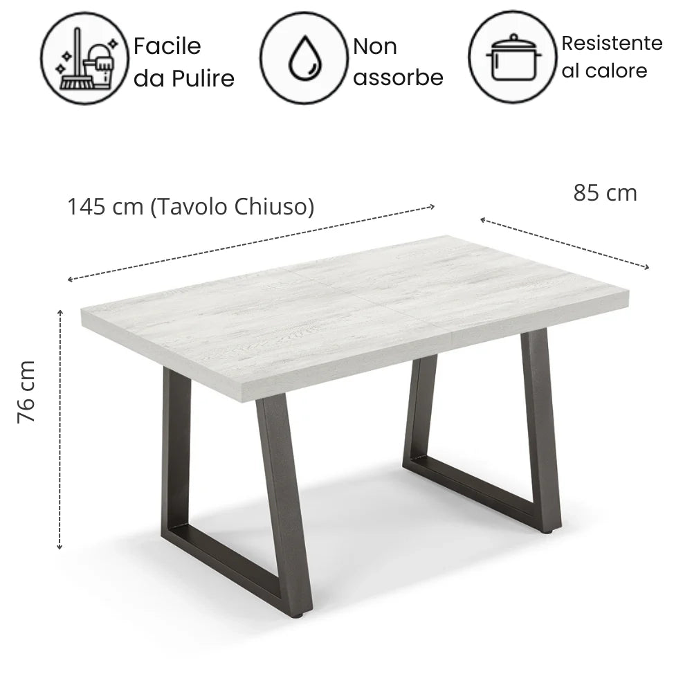 Tavolo da pranzo allungabile Quercia Bianco 145x85 MADE IN ITALY modello GOYA fino a 195 CM per sala da pranzo, cucina e soggiorno, design moderno con top in melaminico