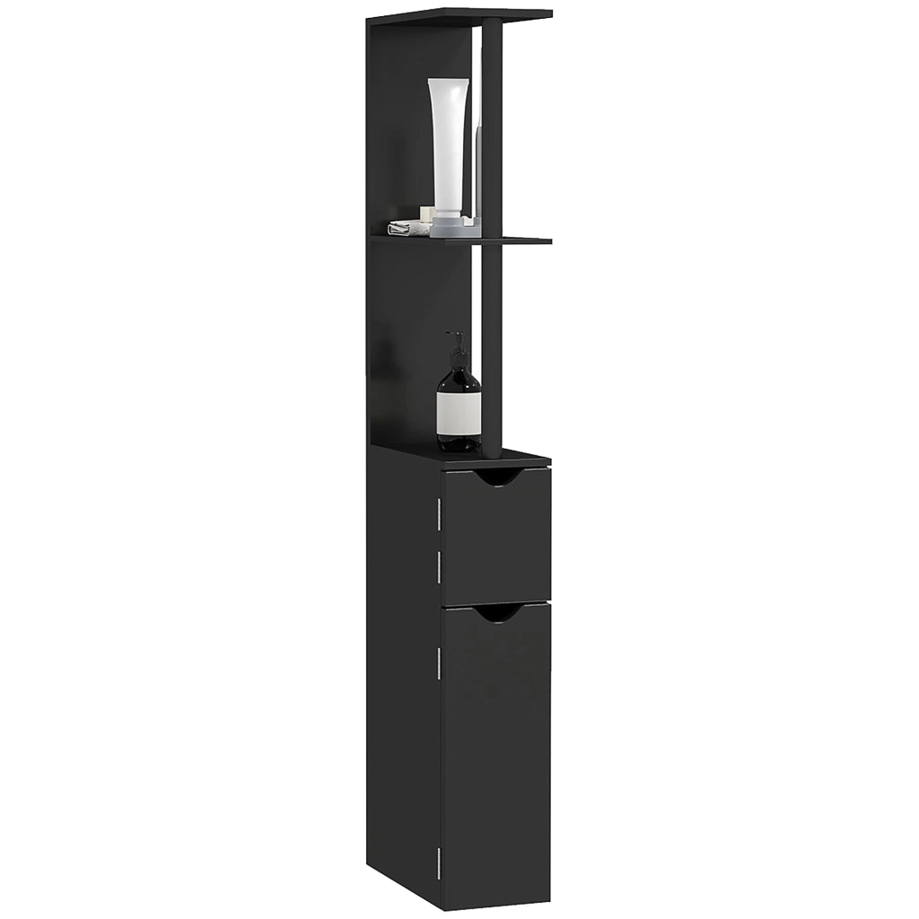 Mobile a Colonna da Bagno Salvaspazio 2 Ripiani e 2 Armadietti 15,2x29,8x118 cm Nero e Oro