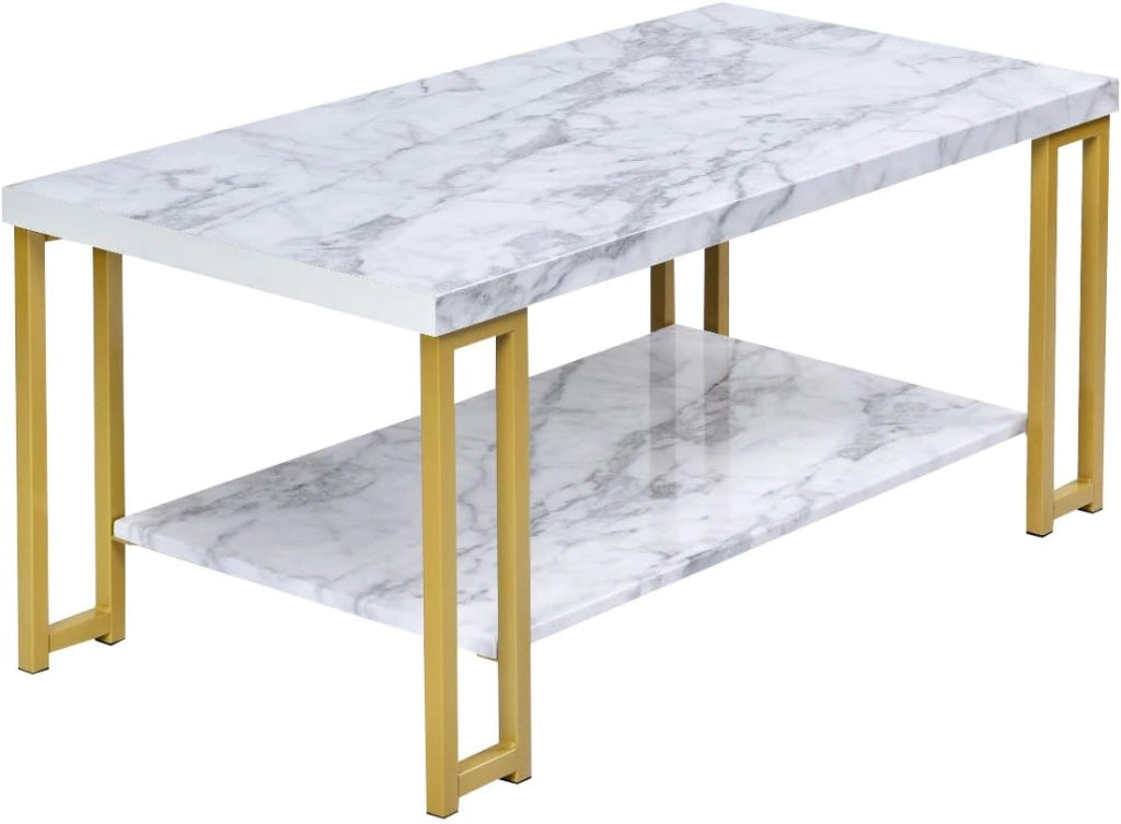 Tavolino da Caffè a 2 Livelli, Tavolo Portaoggetti Solido, Stile Moderno, Adatto per Soggiorno, Ufficio, Camera da Letto,100x50x45 cm, Bianco+Oro