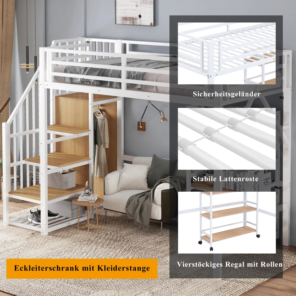 DESMIU Letto a soppalco singolo con armadio ad angolo, scaffale con ruote e barriera 90 × 200 cm, senza materasso