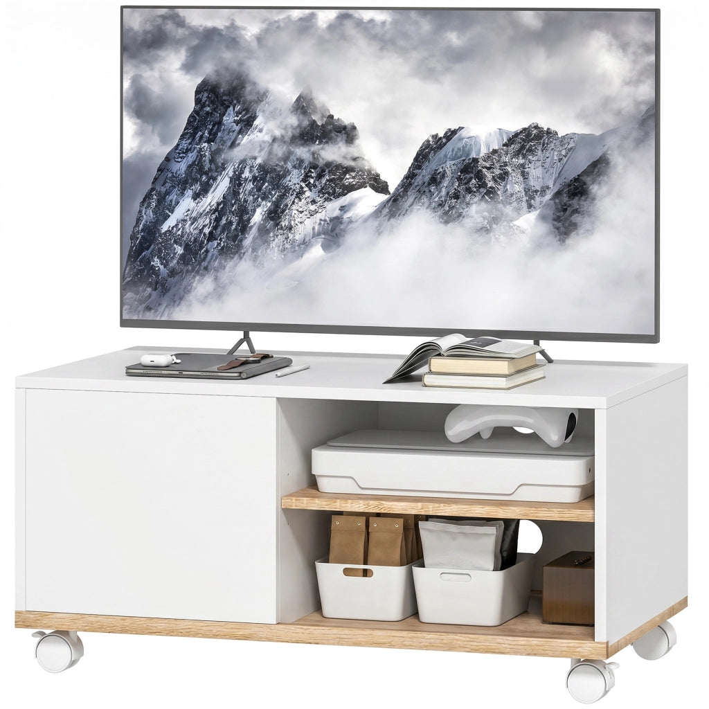 Mobile TV con rotelle e freni, credenza con ante e ripiano regolabile ¨C Minimal ¨C Bianco e Rovere
