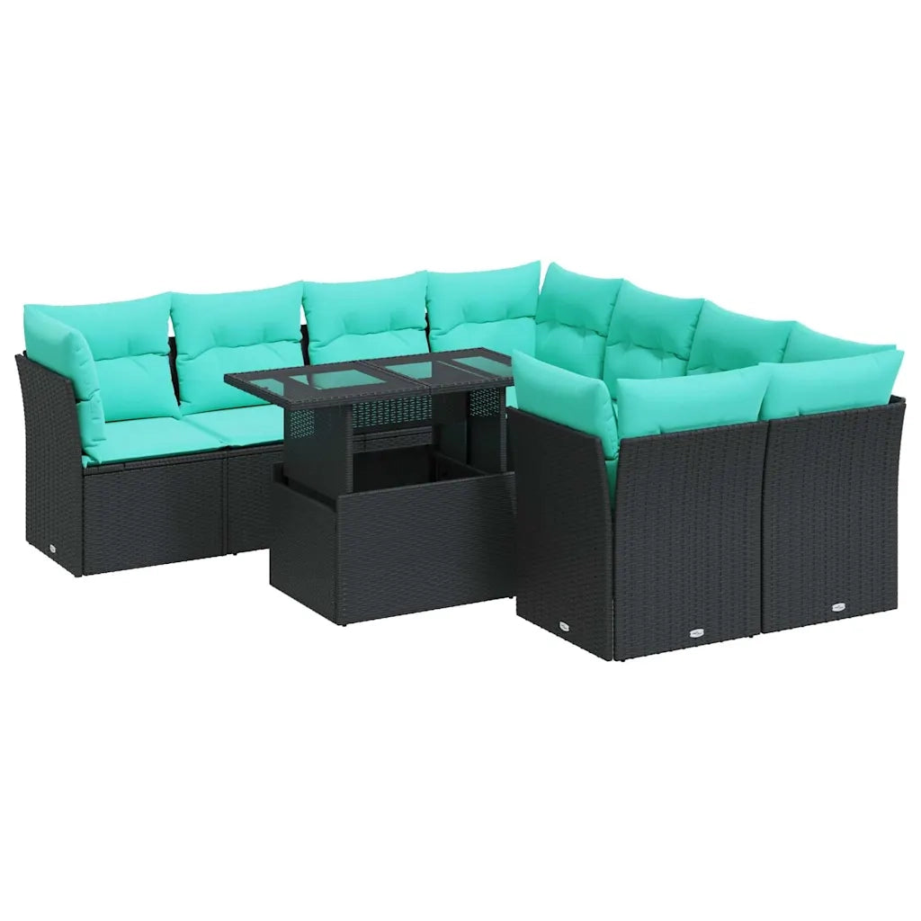 Set Divani da Giardino 9 pz con Cuscini Nero Polyrattan Acacia
