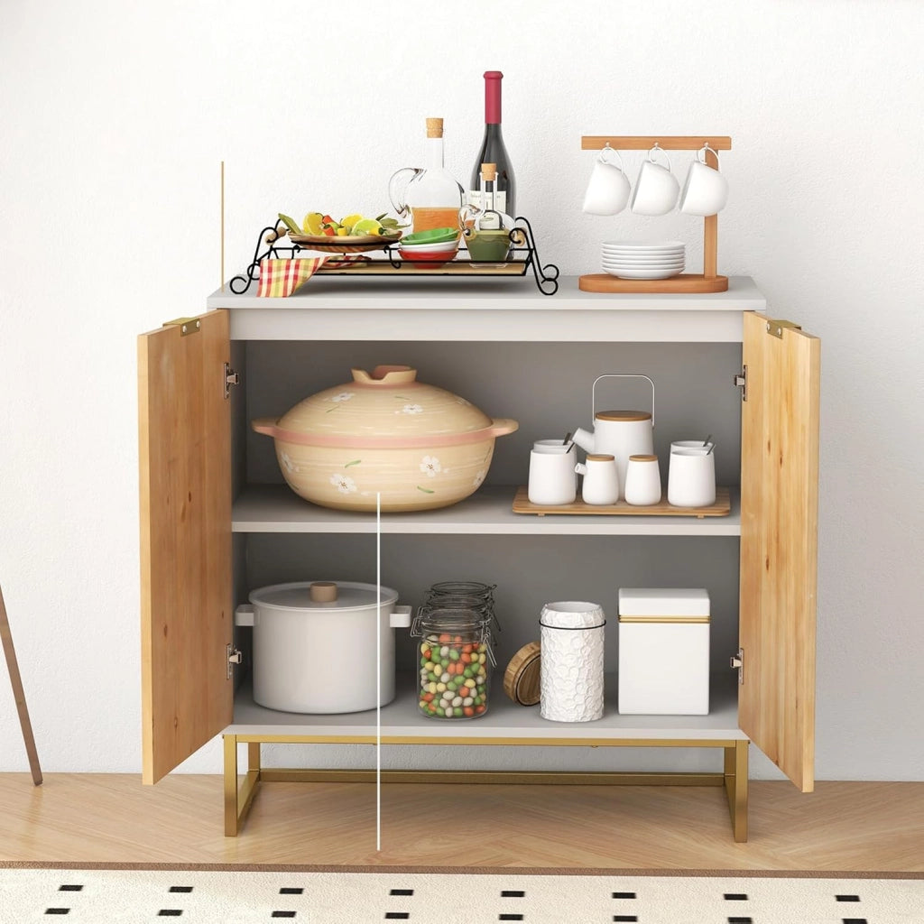 Armadio a buffet a 2 ante in legno con gambe in metallo e protezione antiribaltamento, credenza indipendente per sala da pranzo, soggiorno, ingresso (bianco)