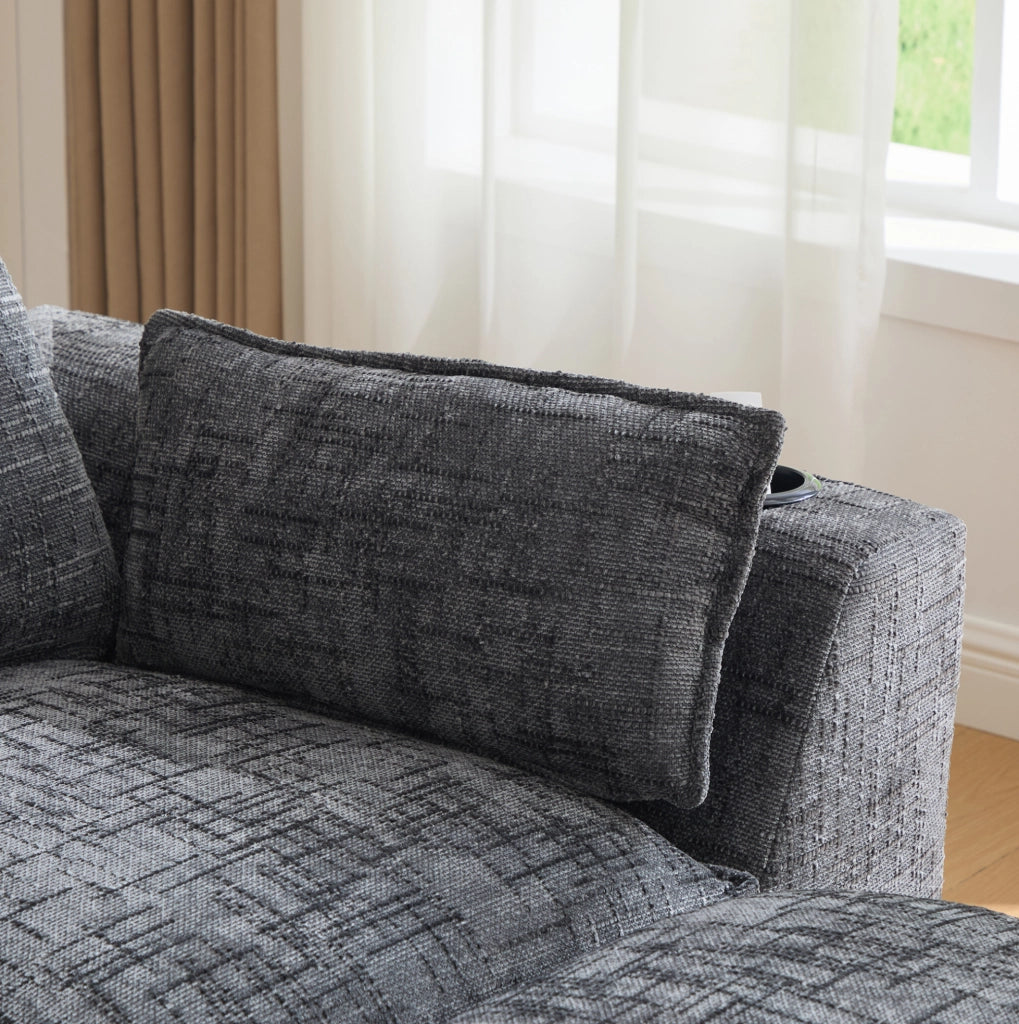 Divano modulare componibile 322x161x75 cm in chenille grigio scuro; con tasche laterali e cuscini