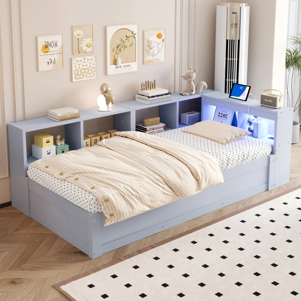 Letto divano singolo 90 × 200 cm con presa multifunzione, LED e contenitore idraulico, senza materasso, in MDF, grigio