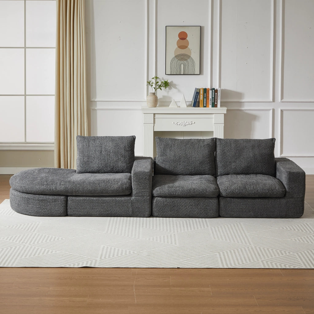 Divano angolare modulare in ciniglia con chaise longue reversibile e supporto in ferro, cuscini cervicali grigio