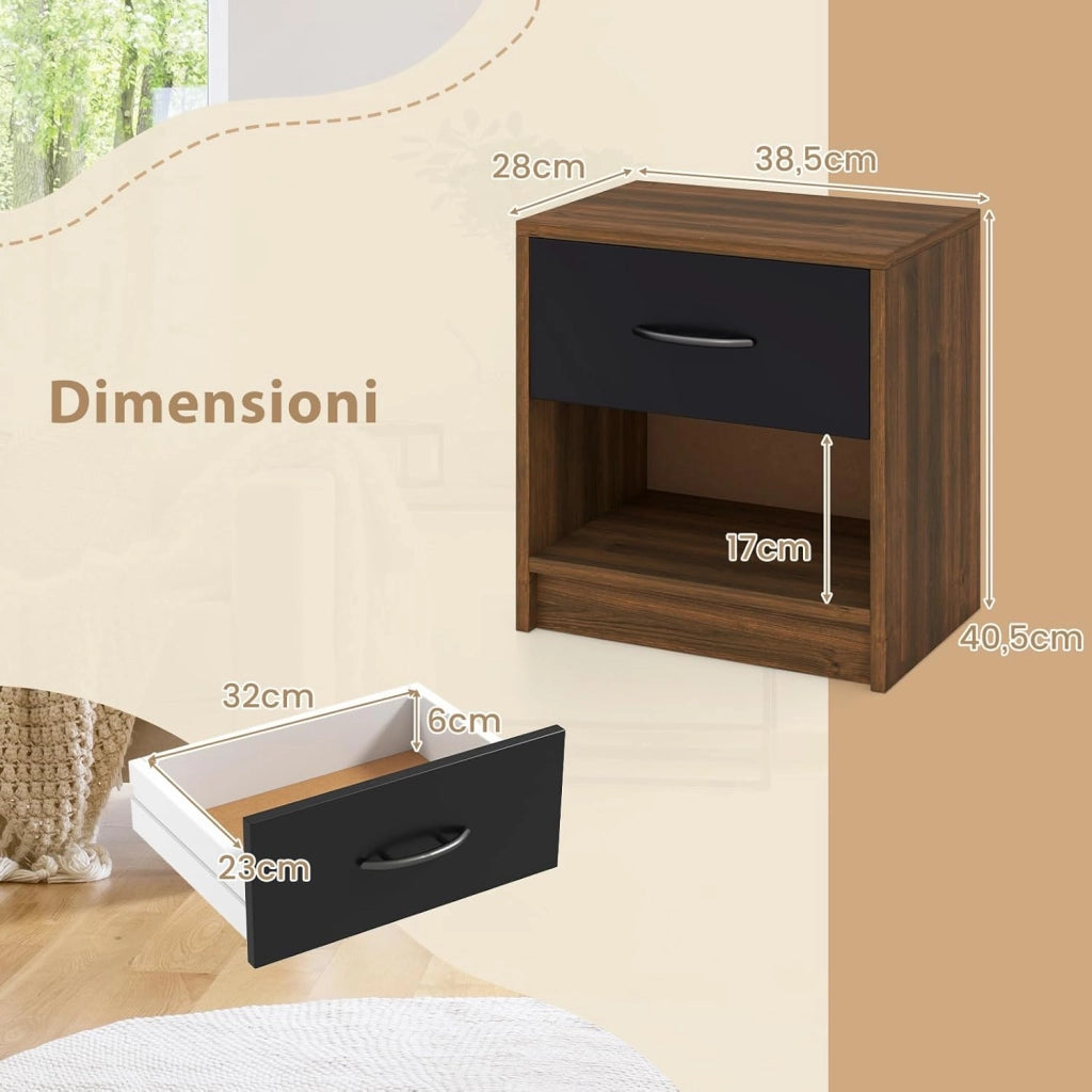 COSTWAY Comodino 38,5 x 28 x 40,5cm in Legno, Tavolino Salvaspazio con Scomparto Aperto e Casseto per Soggiorno e Camera da Letto (Marrone+Nero)
