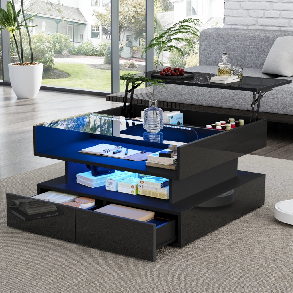 Tavolino da caffè 80x80 cm alzabile con LED, vetro e 2 cassetti