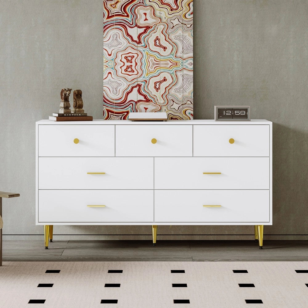 Credenza con Cassetti Bianca ¨C MINIMAL ¨C 7 cassetti, gambe e maniglie oro, 140x35x76 cm