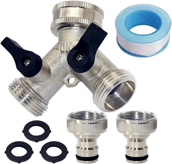 Distributore di tubi da giardino 2 vie - Distributore Y in rame con valvole di chiusura - Inclusi 3 sigillanti in gomma 2 adattatori e 1 cinta PTFE - Adatto per giardino casa e terrazzo - Facile da installare e sicuro da utilizzare