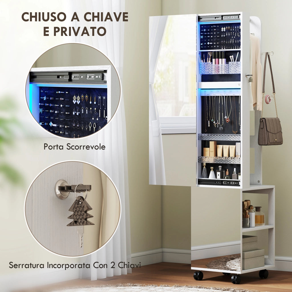 Specchio Girevole con Armadietto Portagioielli e Appendiabiti 37x40x165,5 cm Luce LED Regolabile e Serratura in MDF