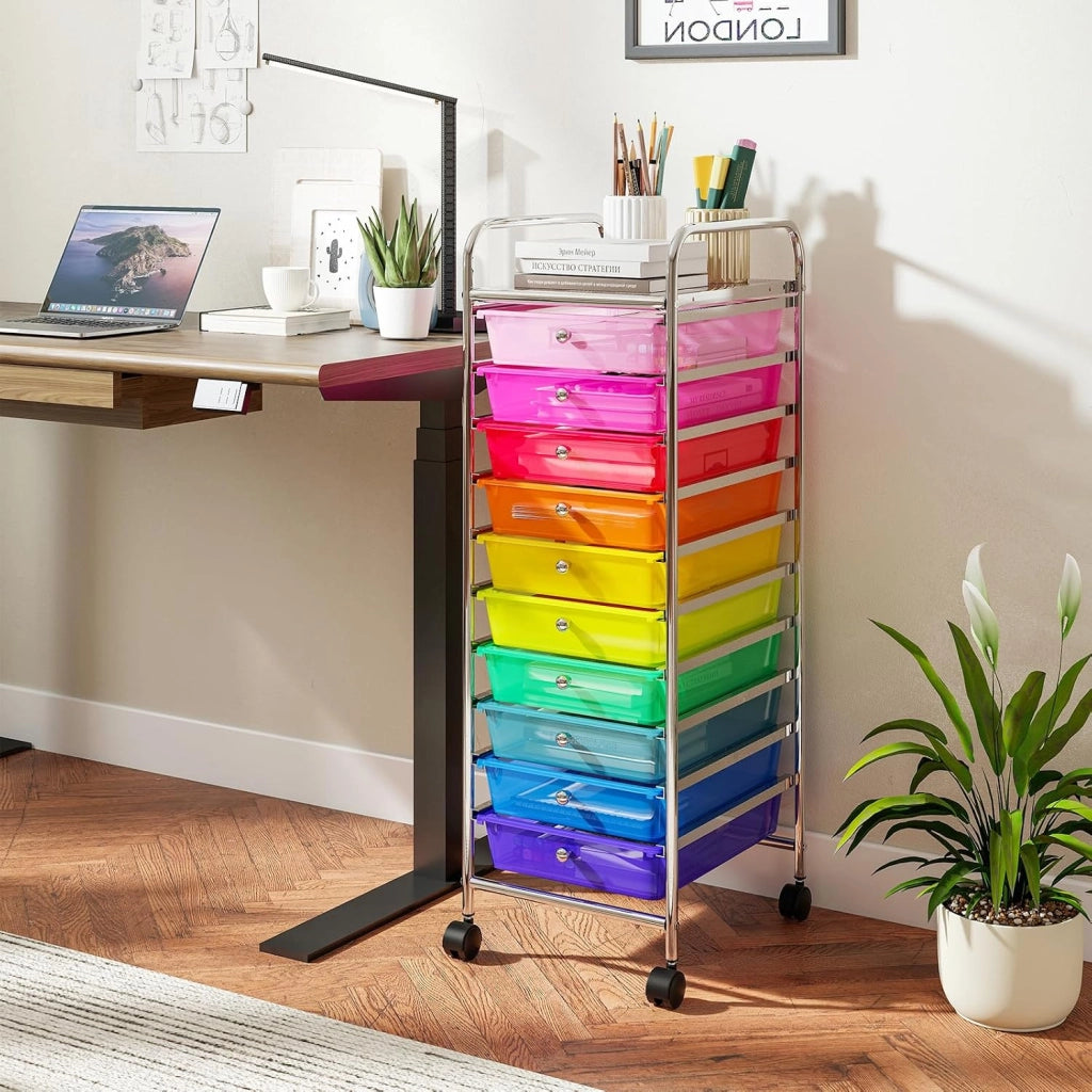 Carrello Portaoggetti con 10 Cassetti, Cassettiera con Ruote, Struttura in Metallo, Ruote Universali Bloccabili e Maniglia, Carrello Organizer per Casa, Ufficio (39 x 32 x 97 cm)