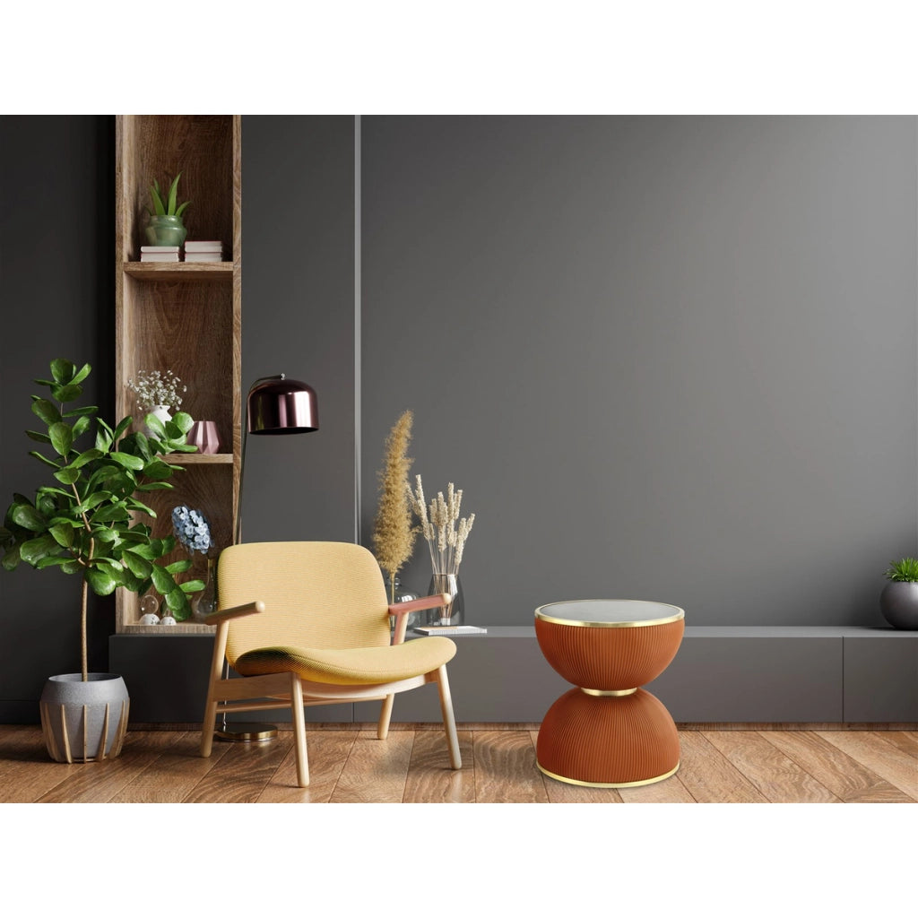 Tavolino di design Jokai in pietra sinterizzata e pelle PU cognac