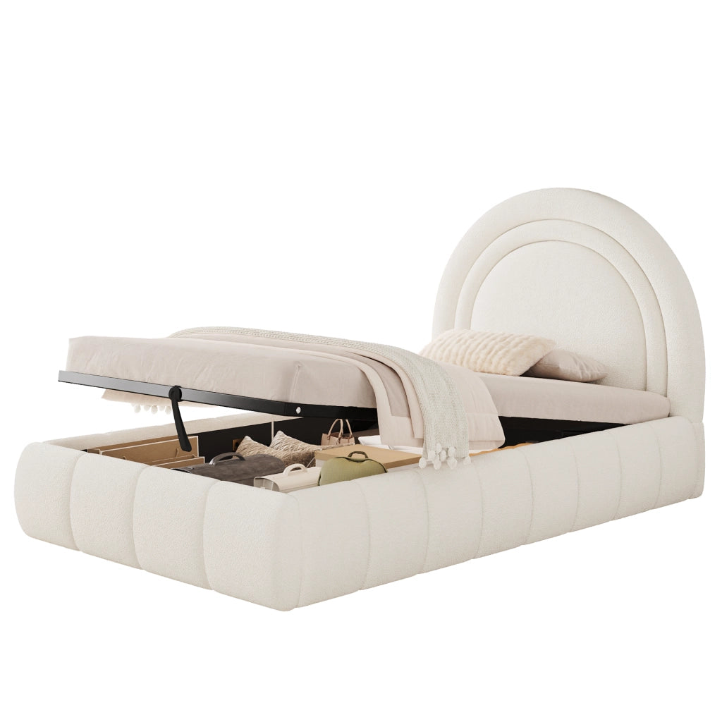 Letto per bambini imbottito 90x200 cm con rete a doghe, contenitore idraulico, bouclé beige